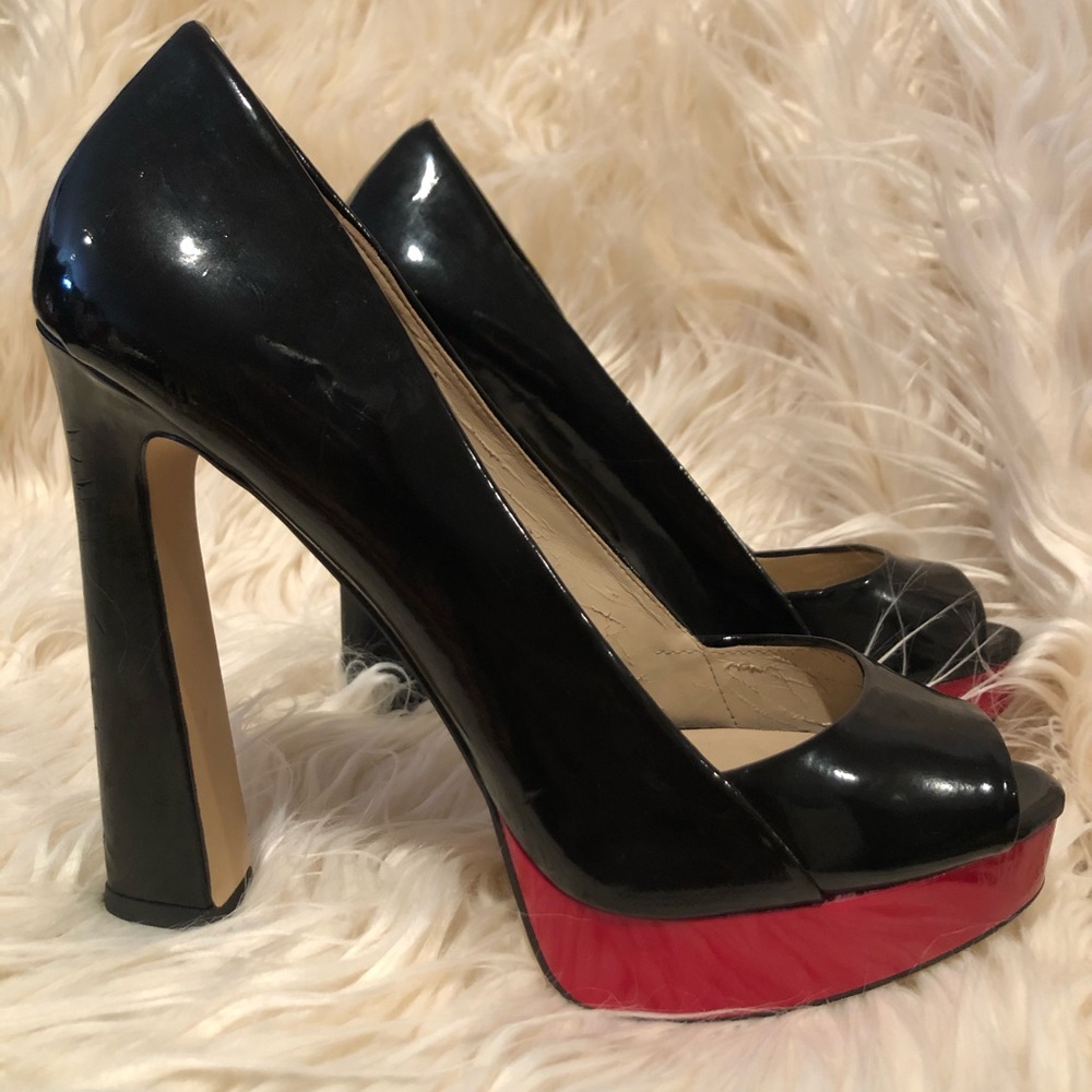 Black and Red, Platform, Peep-Toe Heels, Size 8/9